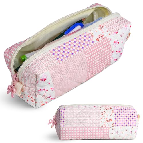 shiprabags Cute Quilted Pencil Case for Girls Women Aesthetic Small Floral Pencil Pouch Slim Soft Pencil Bag for School Supplies Makeup Pouch for School & Daily Use (Pink Patchwork)