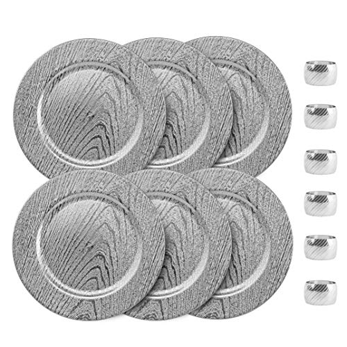 Home Collectives 13 Inch Round Elegant Serve ware Charger Plates with Matching Napkin Rings, Wedding, Dinner party, Event - Choose from our Variety of Styles and Quantities (6, Moslem Silver)