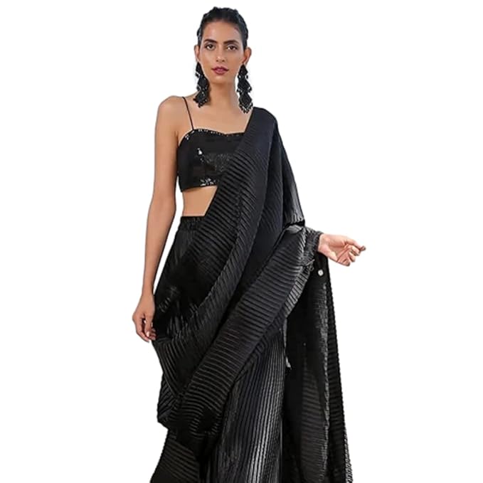 Market Magic World Women&#39;s Creasing Plain Silk Saree Full Crushed Satin Half Pleated Ethnic Festive Crepe Design With Unstitched Blouse Piece