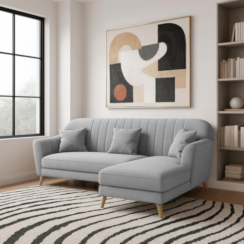 Image of Atticus RHS 4 Seater L Shape Sofa Set with Ottoman for Living Room (Grey Fabric) Premium Fabric Sofa Set