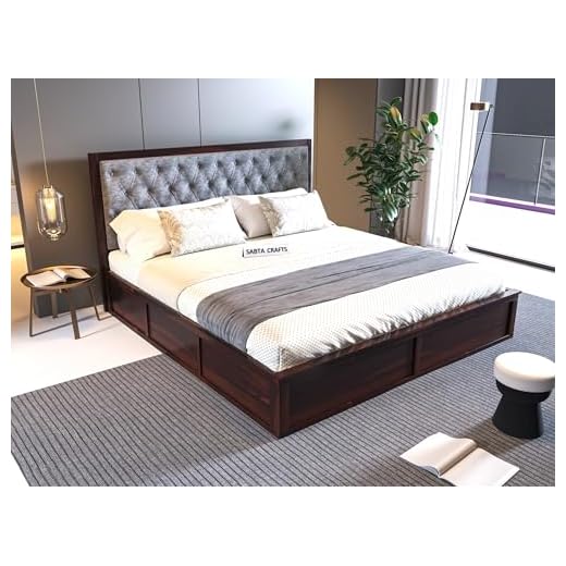 Sheeshamwallah Wooden King Size Bed with Box Storage for Bedroom, Grey Upholstered Cushioned Headboard, Solid Sheesham Wood, Walnut Finish, Mattress Size: 78 X 72