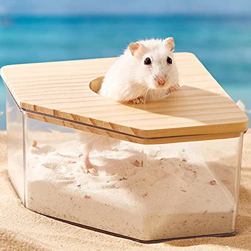Milageto Hamster Sandbad Ecke, Hamster Toilette Klein, Transparenter 2-in-1 Bad & Toilettenschale aus Acryl+Holz für Kleintiere, Haustier Badewanne Badezimmer für Chinchilla, Goldene Bären, Gerbil