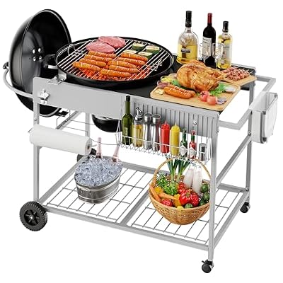 JY QAQA Grill Table for Weber 22" & 18" Original Kettle, Stand Cart for Jumbo Joe, Master-Touch, Performer Charcoal Grills with Sliding Lid Rack, Spacious Surface, Lockable Wheels for Outside