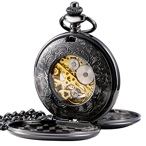 Image of TREEWETO Mens Skeleton Mechanical Pocket Watch, Retro Roman Numerals, Half Hunter, Bronze