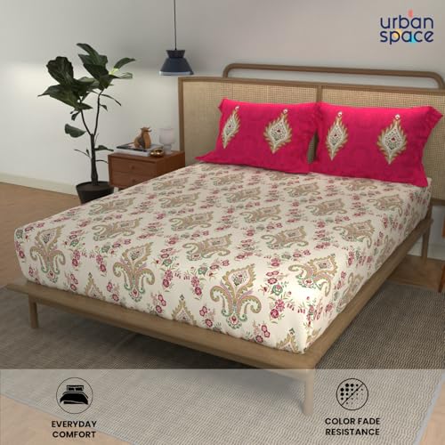 Image of Urban Space - Divine Collection 100% Cotton Double Bedsheet with 2 Pillow Covers, Bedsheet - 90 inch x 100 inch, Motif Red