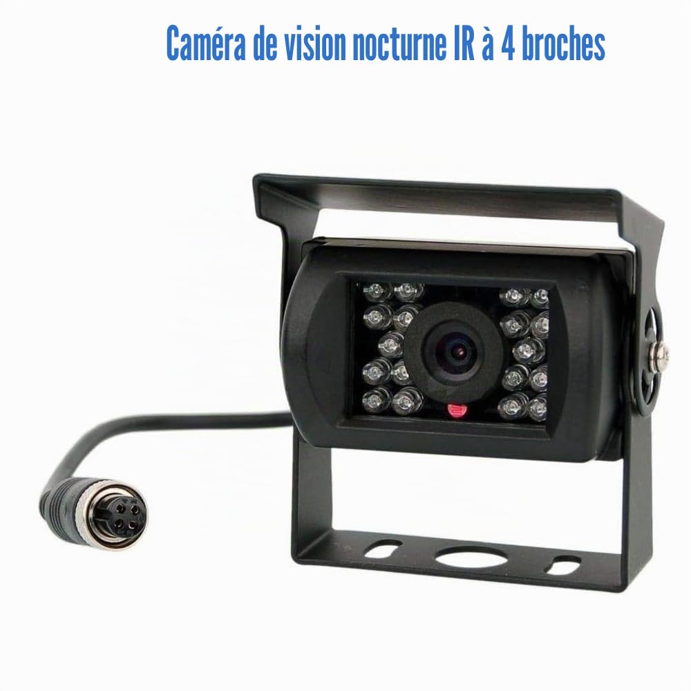 Caméra de recul 12 V-24 V, 4 broches, robuste, 18 LED infrarouges, vision nocturne, étanche, marche arrière, caméra de recul avec câble de 15 m à 4 broches
