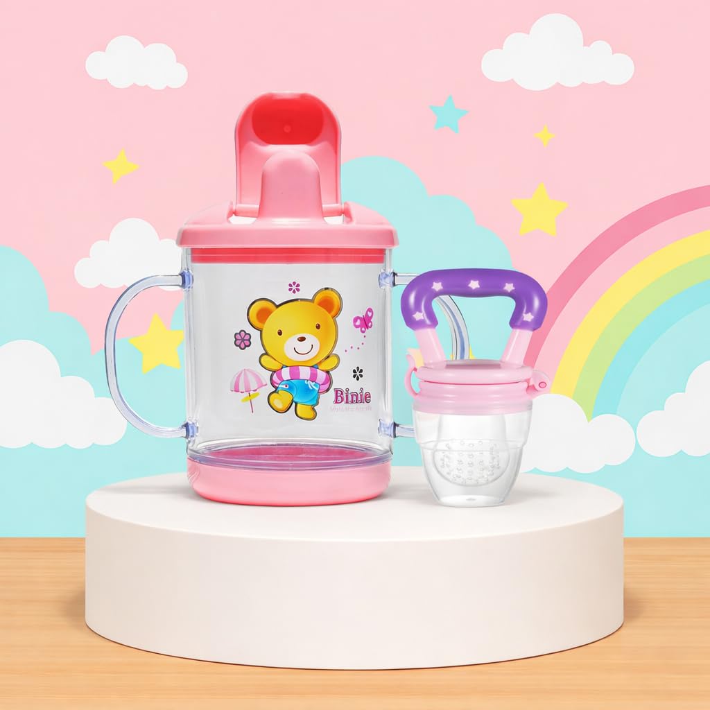 Alya Baby Feeding Sipper Unbreakable Plastic Bottle Cup/Mug Learning Sippy BPA Free with Baby Fruit Silicone Food Teether BPA Free (Pink)-image-12