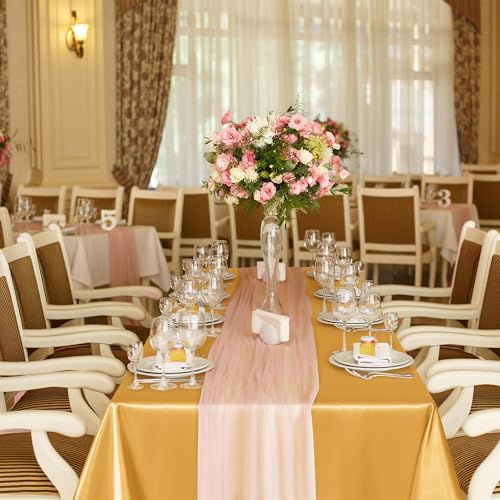 Image of TURSTIN 1 Pack Gold Satin Tablecloth 102 x 58 Inch Overlay Satin Table Cover Rectangle Bright Silk Tablecloth Smooth Fabric Table Decoration for Wedding Banquet Party Events