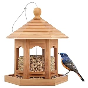 Wooden Bird Feeder for Outside Garden Decoration, Hexagon Shaped with Roof and Large Capacity, Waterproof and Durable, Small