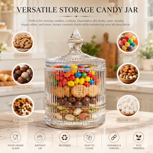 Image of bellemax Ribbed Glass Candi Jars 370 ML with Lid | Decorative Storage Jar for Candy, Cookies, Chocolates, Dry Fruits & Snacks | Airtight Glass Container for Kitchen Candy Jar Pack of 1