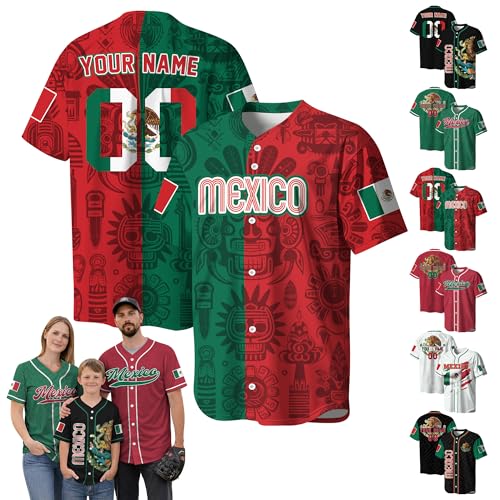 Custom Baseball Jersey–Personalized Team Shirt with Name & Number–Mexican Heritage Theme– Split Green Red Jersey miniatura 1