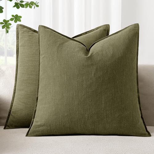 Image of 18x18 Inch Set of 2 Decorative Linen Solid Throw Pillow Covers Boho Accent Farmhouse Pillowcases Modern Netural Spring Home Decor for Couch Sofa Living Room Bed,Olive Green