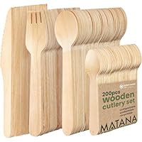 MATANA 200 Premium Wooden Cutlery Set (50 Forks, 50 Spoons, 50 Knives, 50 Teaspoons) – 16 cm Birch Wood, Smooth & Splinter-Free, Plastic-Free Party Cutlery for BBQs, Picnics & Catering