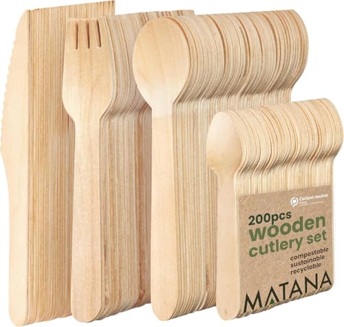 MATANA - 200 Einwegbesteck Satz, Holzbesteck - Holzgabel, Messer, Löffel & Teelöffel, wie Bambus Besteck, Party Besteck Einweg für Mahlzeiten im Freien - Umweltfreundlich Einweg Bestec