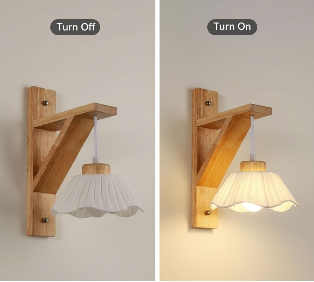 Modern Nordic Japandi Natural Rubberwood Wall Sconce, White Pleated Fabric Scalloped Shade Wall Light，Aesthetic Bedside Ambient Lighting for Bedroom, Living Room, Entryway Parlor