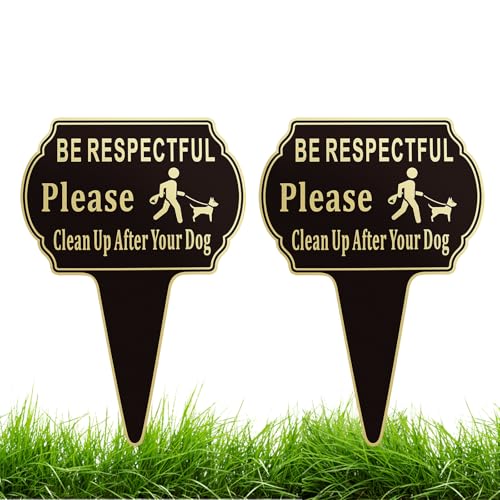 2 Pack Clean Up after Your Dog Signs Pick Up After Your dog sign 13.6x9.6 with Integrated stake Double Side Printed- Be Respectful No Dog Poop and Pee Stop Dogs from Pooping/Peeing On Your Lawn/Garden