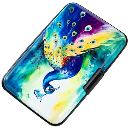Image of Credit Card Holder Small RFID Blocking Wallet Business Metal Slim Mini Aluminum Hard Case for Women Men, Colorful Peacock, small, Minimalist, Compact, American