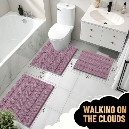 Image of OLANLY Thick Toilet Rugs U-Shaped 24x20, Extra Soft Absorbent Chenille Striped Contour Bathroom Rugs for Toilet, Dry Quickly, Machine Washable, Non-Slip Bath Mat, Deep Plum