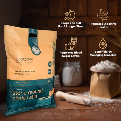 Image of GirOrganic Stoneground 5 kg Khapli Wheat Atta /Flour | Nutrient-Rich Flour for Sourdough, Rotis, and More | Organic, High Protein & Fiber, Sugar Control, Easy Digestion | 100% Whole Emmer Wheat