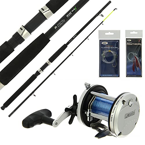 NGT Sea Boat Fishing 6ft 25lb Rod & Reel Combo Multiplier Spooled Line Rig & Feather