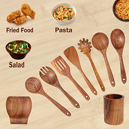 9 Pcs Wooden Spoons For Cooking Utensils, Natural Teak Wooden Cooking Spoons With Nonstick Spatula Set, Bamboo Kitchen Utensils With Holder, Wood Spoon Set For Kitchen Essentials #TOP3