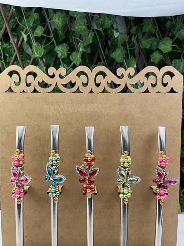 Bomba de Chimarrão Decorada com Borboleta e Pérolas (Verde)