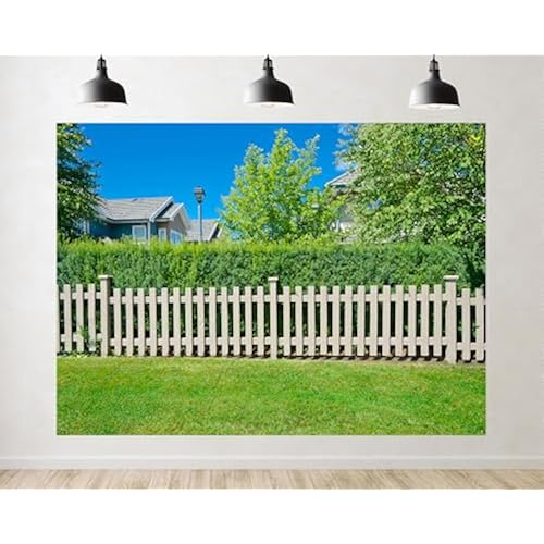 Trykid 12x8ft White Picket Fence Backdrop Dense Green Hedge Neighboring Houses Bright Blue Sky Photography Background Suburban Neighborhood Themed Party Decoration Photo Booth Prop Fabric