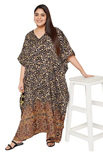 Image of Women Long Maxi Plus Size Polyester Kaftan Gown, Womens Kaftan Dresses | Lounge Resort Wear, Batwing Sleeve Side Slit, Beach Cover Up, House Dress, Lightweight V Neck Loose Fit Boho Dress