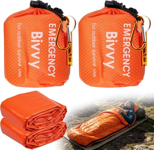 210 × 90 cm Notfall Schlafsack, 2 Stück Survival Biwaksack, Biwaksack Ultraleicht, Rettungsschlafsack Wärmeerhalt bis 95%, Ultraleicht & Wasserdicht, inkl. Pfeife für Camping, Wandern, Outdoor Notfall
