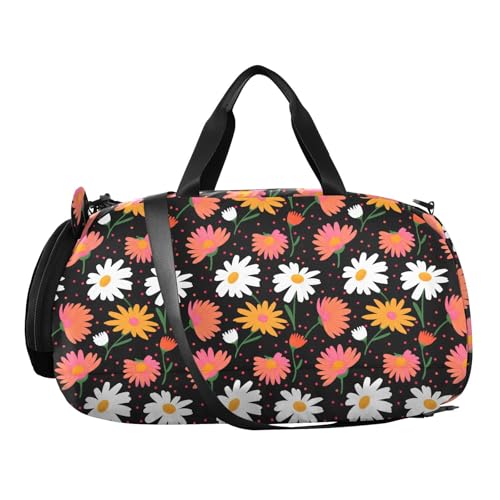 Flower Dots Black Kids Travel Duffel Bag for Boys Girls Overnight Weekend Tote Bag with Shoes Compartment for Dance Gym Sports2