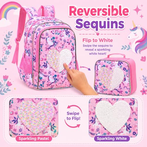 Image of 3Pcs Unicorn Backpack for Girls, 16 inch Sequin Kids Bookbag with Lunch Box，School Backpacks for Elementary Preschool Kindergarten (Pink)