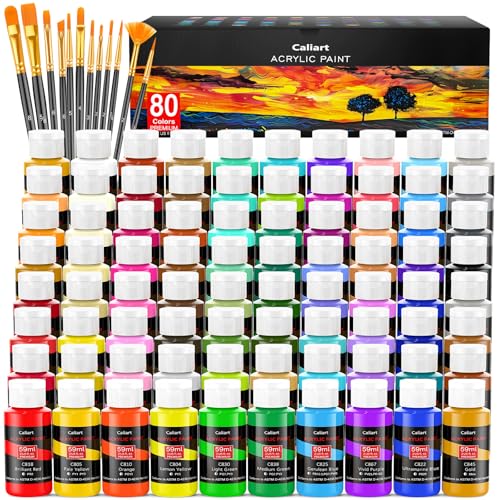 Image of Caliart 80 Colors Acrylic Paint Set with 12 Brushes | Craft Painting kit for Adults Artists Beginners, Rich Pigment Non-toxic, Canvas Wood Rock Pumpkin Ceramic Art Supplies Paint
