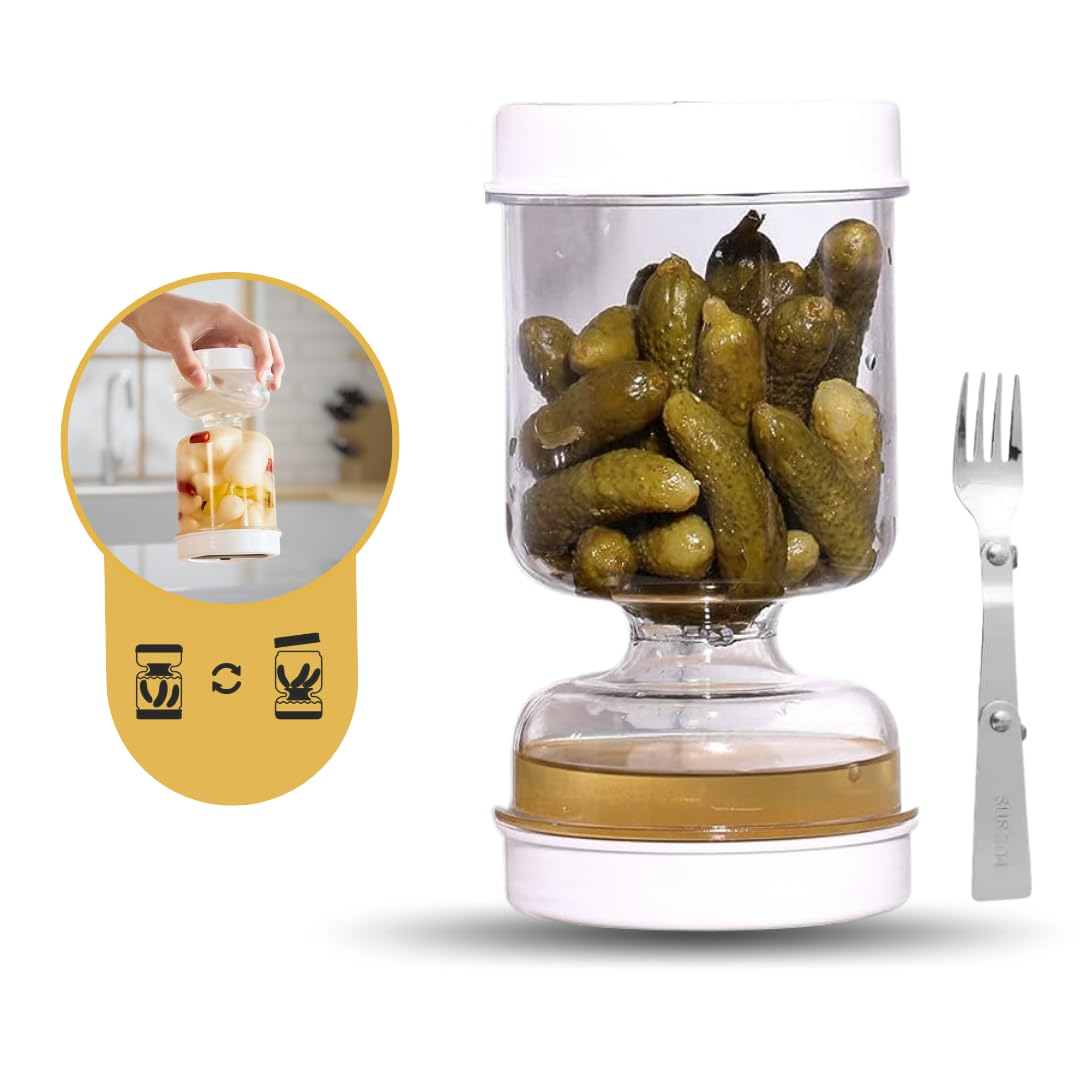 Pickle Jar Pickle Storage Container with Pickle Fork | Leak Proof Hourglass Pickle Juice Separator | Dishwasher Safe | Pickle and Olives Jar Container | Food Jars & Canisters Canning Jars