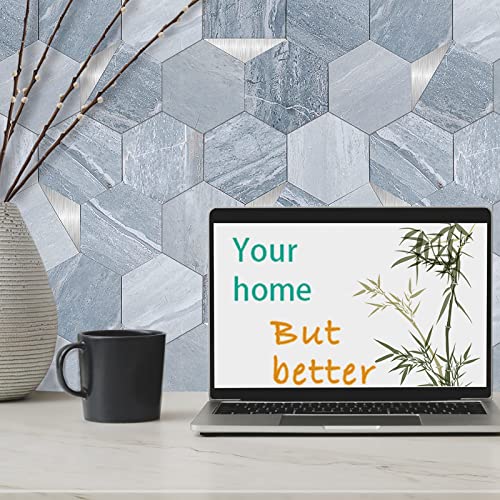 Adodecor Hexagon Tile Peel And Stick Backsplash, New Bevel Edge Finishing Grey Marble Look Pvc Mixed Metal Silver Self Adhesive Metal Mosaic Tiles，10 Sheets.(Seamless) #TOP1