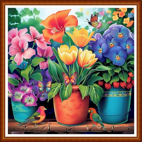 Image of Joyhoor Stamped Cross Stitch Kits for Beginners Needlepoint Kits for Adults Embroidery Kits 11CT Counted Cross Stitch Kits Printed Embroidery Pattern- A Corner of the Garden 18x18 inchs
