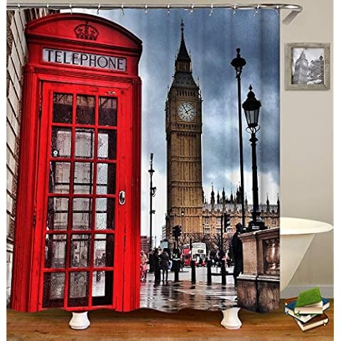 TJZ HOME London Shower Curtains Fabric ，Red Telephone Booth Retro Romantic City Scenery Old Street Big Ben Vintage Building Picture Polyester Cloth Print Bathroom Curtains Set 72x72(cx228) Cover