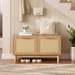 HOOBRO Rattan-Like Shoe Bench, Entryway Bench with Storage, Shoe Rack Bench, 2 Flip Drawers, Shoe Cabinet, Wooden Solid Legs, for Entrance, Living Room, Bedroom, Natural NL51HX01 HOOBRO Rattan Like Shoe Bench Entryway Bench with Storage Shoe Rack Bench 2 Flip Drawers Shoe Cabinet Wooden Solid Legs for Entrance Living Room Bedroom Natural NL51HX01