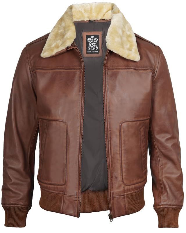 Image of Blingsoul Disc Temp Shearling Collar Leather Jacket for Men | [1129217] Garrett Cognac, 3XL