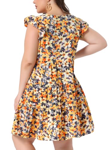 Image of Agnes Orinda Plus Size Summer Dress for Women Boho Flutter Sleeves Round Neck Floral Print Tiered Babydoll Ruffle Dresses