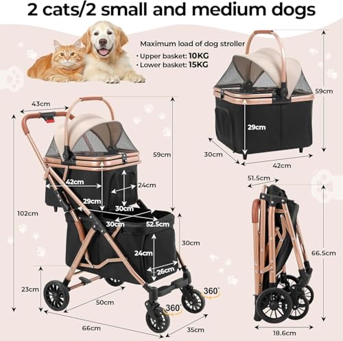 MAMIZO Doppelter Hundebuggy, Haustiere Buggy bis 15 kg, Faltbar 2 Etagen Hundewagen, Katzenbuggy für 2 Etagen mit 4 PCS verschleißfeste PU-Räderr, Hundebox Transporttasche, Schwarz