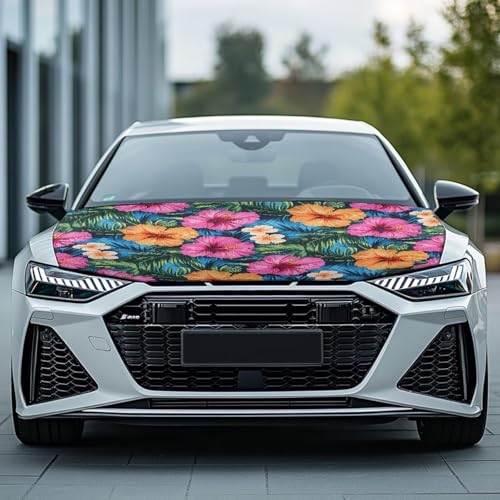 Image of Colorful Hibiscus Flowers Leaves Car Hood Cover, Car Bonnet Banner, Universal Fit, Elastic Polyester, Stretchable, Waterproof Automotive Hood Covers,Car Accessories