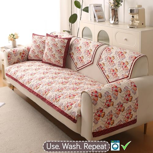 Image of HOKIPO 'Florentina Series' Foam Filled Premium Holland Velvet Sofa Cover Mat for 3 Seater Sofa with Anti-Slip Backing, Autumn Cream (IN-881-V3)