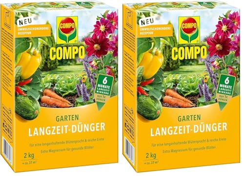 COMPO Garten Langzeit-Dünger für Gartenpflanzen, Umweltschonendere Rezeptur, 6 Monate Langzeitwirkung, 2 kg, 37 m² (Packung mit 2)