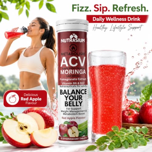 Image of Nutrasium ACV Moringa Metabolism Plus | Apple Cider Vinegar Effervescent Tablet | For Supports Weight Loss, Control Cravings, Convert Fat Into Energy, Boost Energy & Immunity | 30 Tablets Red apple