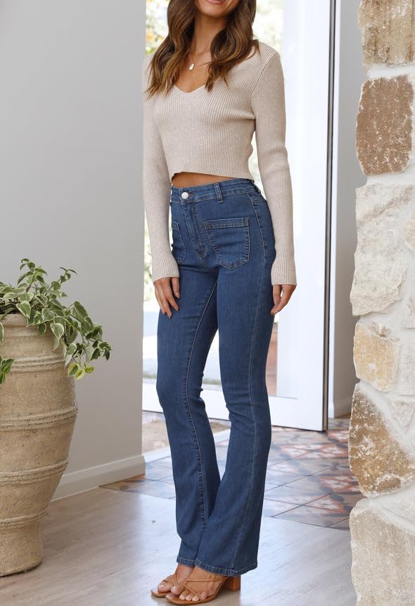 INFITTY Women's V Neck Cropped Sweater Basic Long Sleeve Shirts Slim Fitted Ribbed Knitted Pullover Crop Tops - Image 3