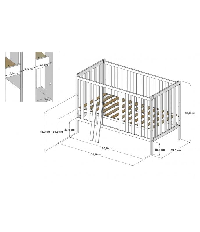 zee Bambi Mint 2in1 Babybett 120x60 cm mit Schutzbarriere Klassisches Gitterbett 3-Fach Höhenverstellbar Kinderbett mit Beißschutz & zu Juniorbett umbaubar