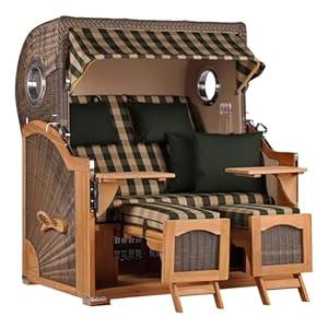 MR. DEKO® Strandkorb Düne Grande XL 2, 5-Sitzer Teak | PE Geflecht Grey - Dessin 506 | Volllieger Strandstuhl mit Bullauge inkl. 2 Fußablagen | je 2 Kissen und Nackenkissen | Strandkörbe aus Teakholz