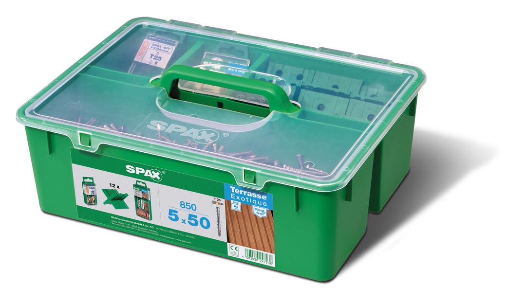Kit terrasse SPAX GREEN BOX, Kit professionnel pour terrasse mit SPAX Tête cylindrique 5 x 50 mm, 850 pièces, Acier inoxydable A2-5000009010009