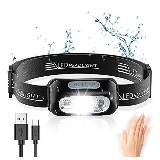 Glangeh Linterna Frontal, Impermeable IPX6 Frontal LED Recargable USB 4 Modes de Luz con Sensor, 500 Lúmenes Linterna Cabeza 1200mAh con Ajustable Ángulo & Correa para Camping Correr Pesca Ciclismo