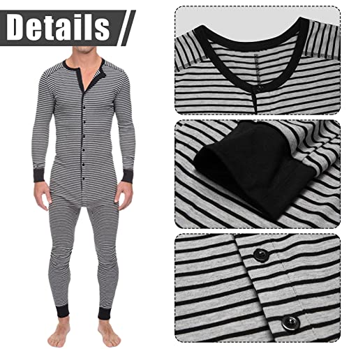 Men's One Piece Striped Pajama Long Sleeve Union Suit Button Down Pjs Bodysuit Henley Full Coverage Footless Onesies Jumpsuit Novelty Adult Romper Sleepwear House Coat Black #TOP1
